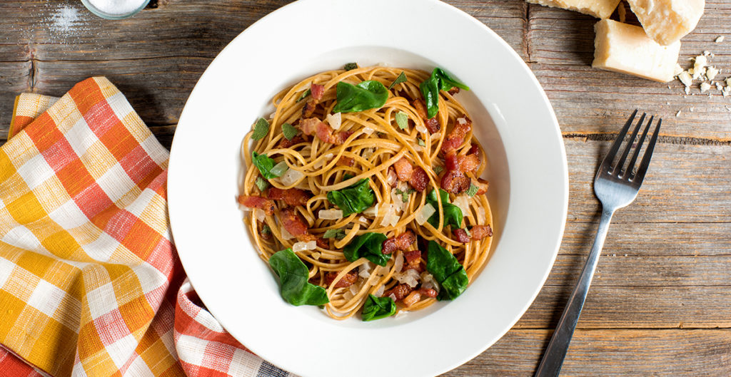 Linguine with Smoked Bacon, Baby Spinach and Sage CATELLI®