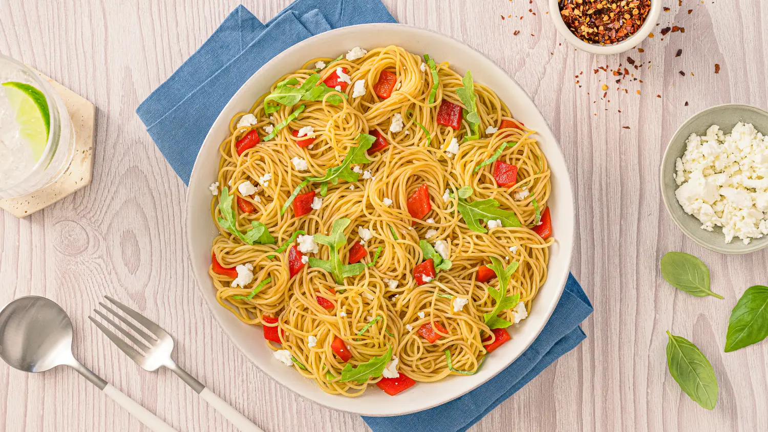 THIN SPAGHETTI ROASTED RED PEPPER GOAT CHEESE AND ARUGULA-079-16x9